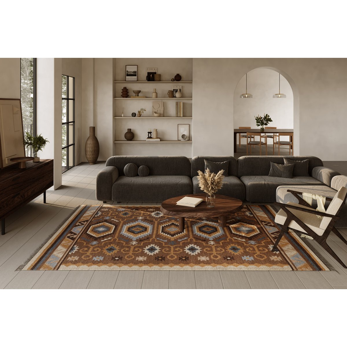 Tapis en laine kilim tissé main , VALERE brun, WECON HOME