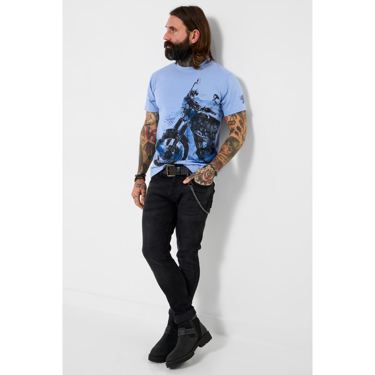 T-shirt graphique moto esquissée bleu, JOE BROWNS