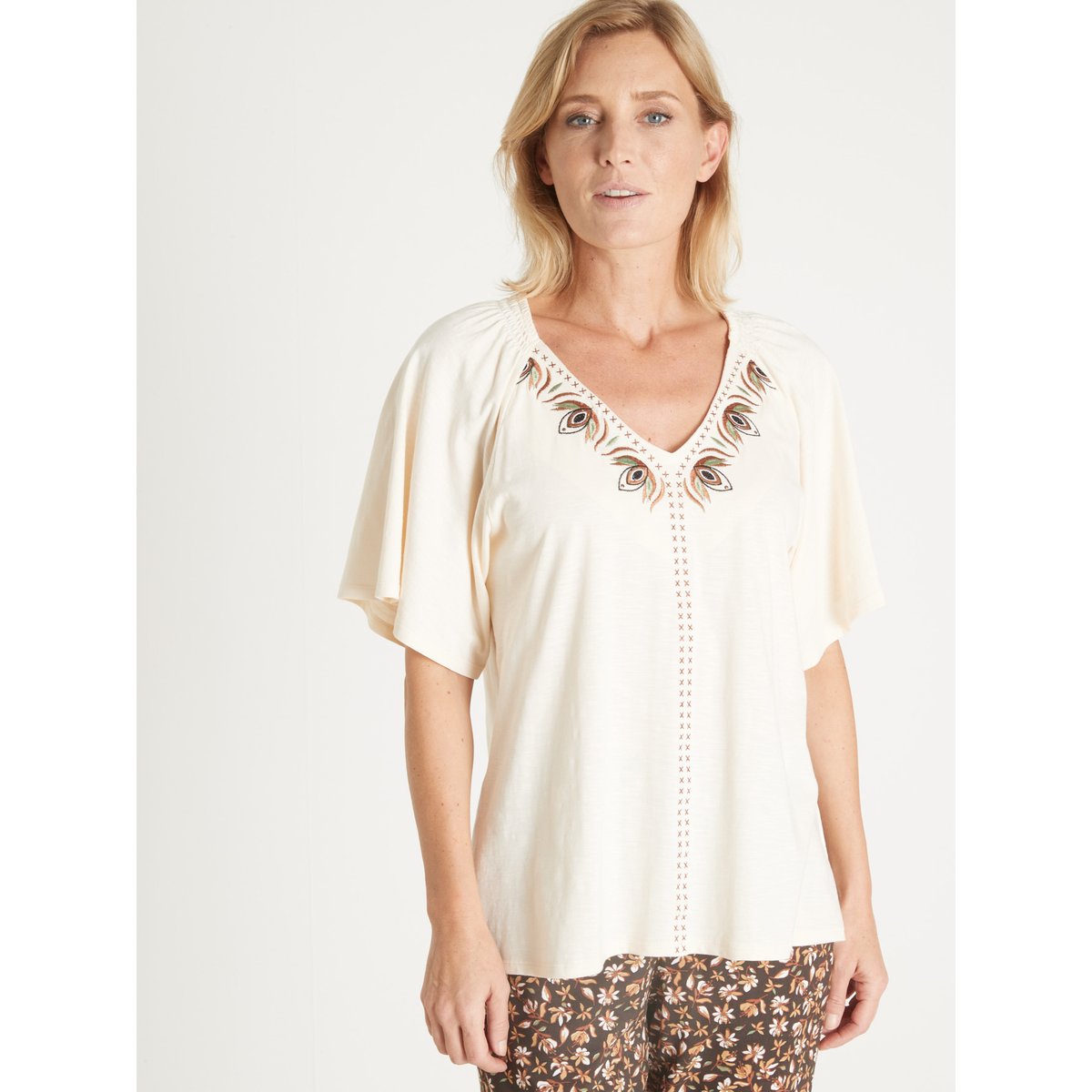 Tee-shirt V manches papillon ecru, DAXON