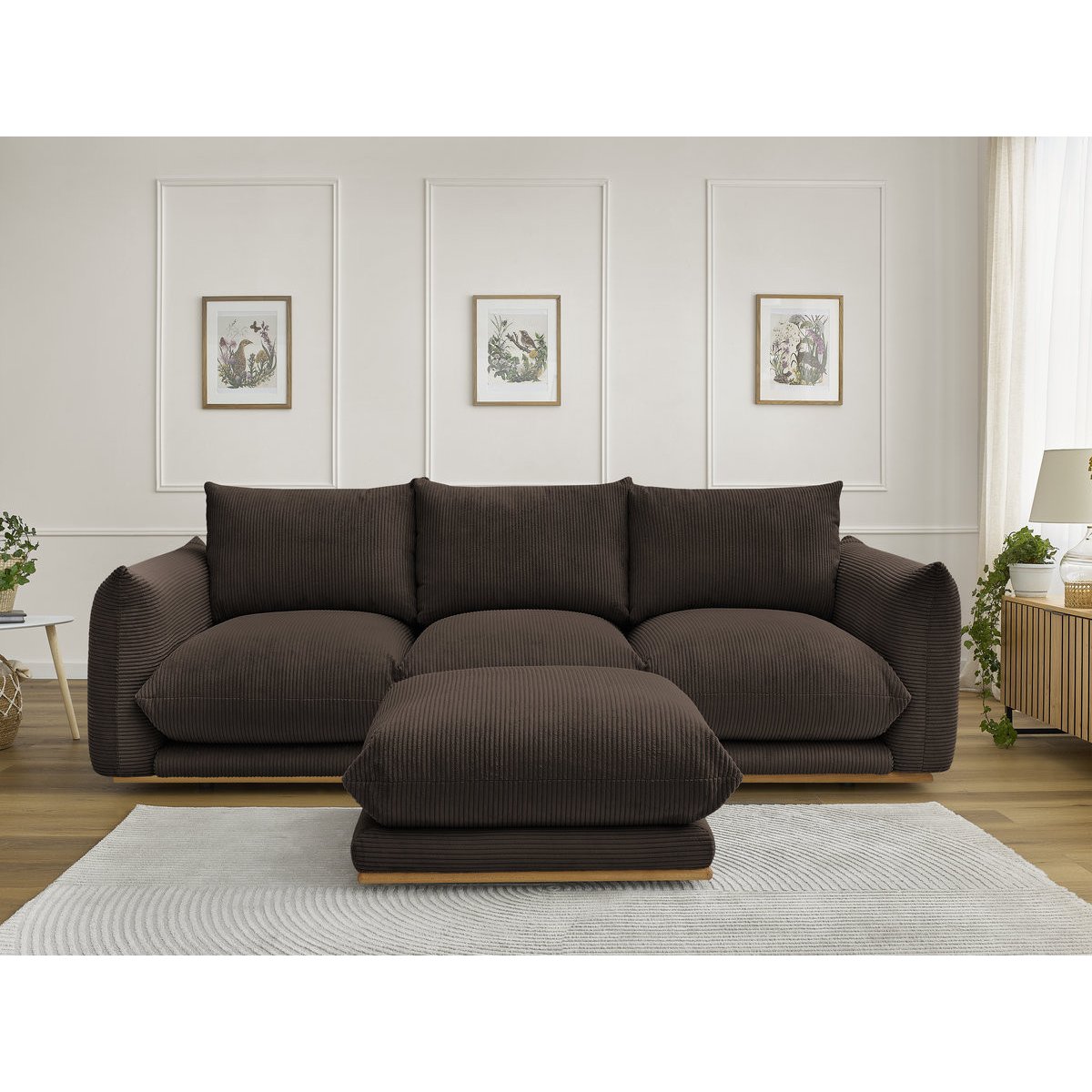 Canapé droit fixe 3 places en velours côtelé avec pouf, ERNEST marron, BOBOCHIC