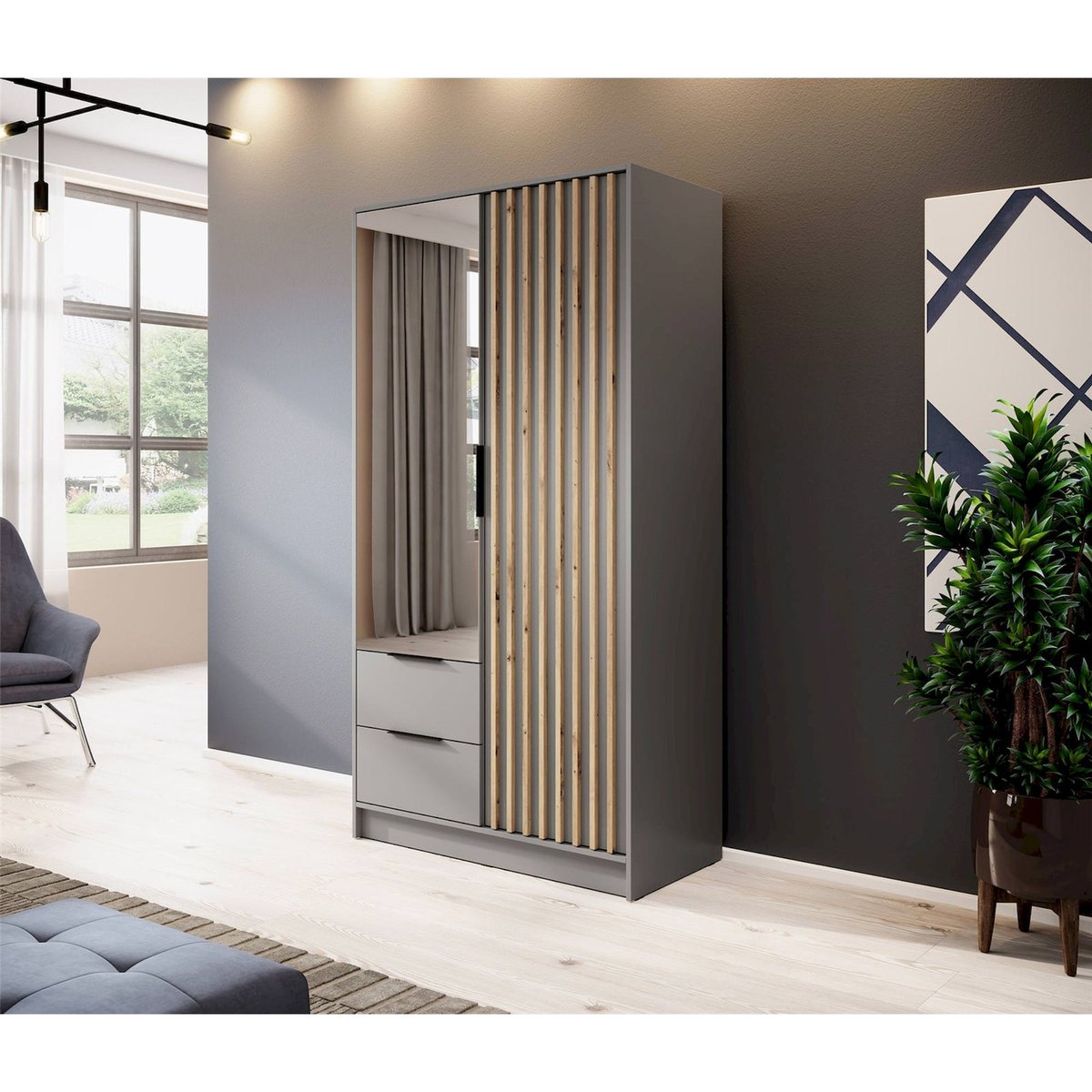 Armoire 2 portes avec miroir et lattes KARETTE gris et bois clair, RECOLLECTION
