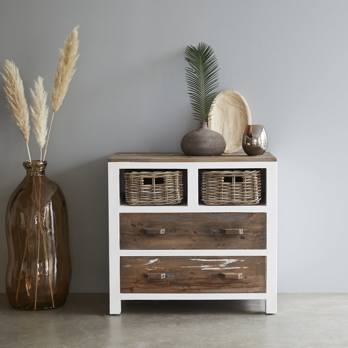 Commode en bois recyclé massif 80 cm 2 tiroirs HONFLEUR blanc, BERAH GETAH