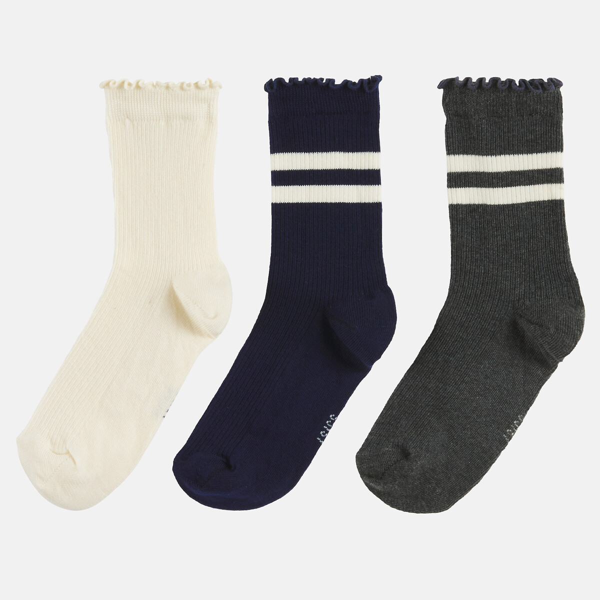 Pack of 3 Pairs of Crew Socks navy blue + ecru, LA REDOUTE COLLECTIONS