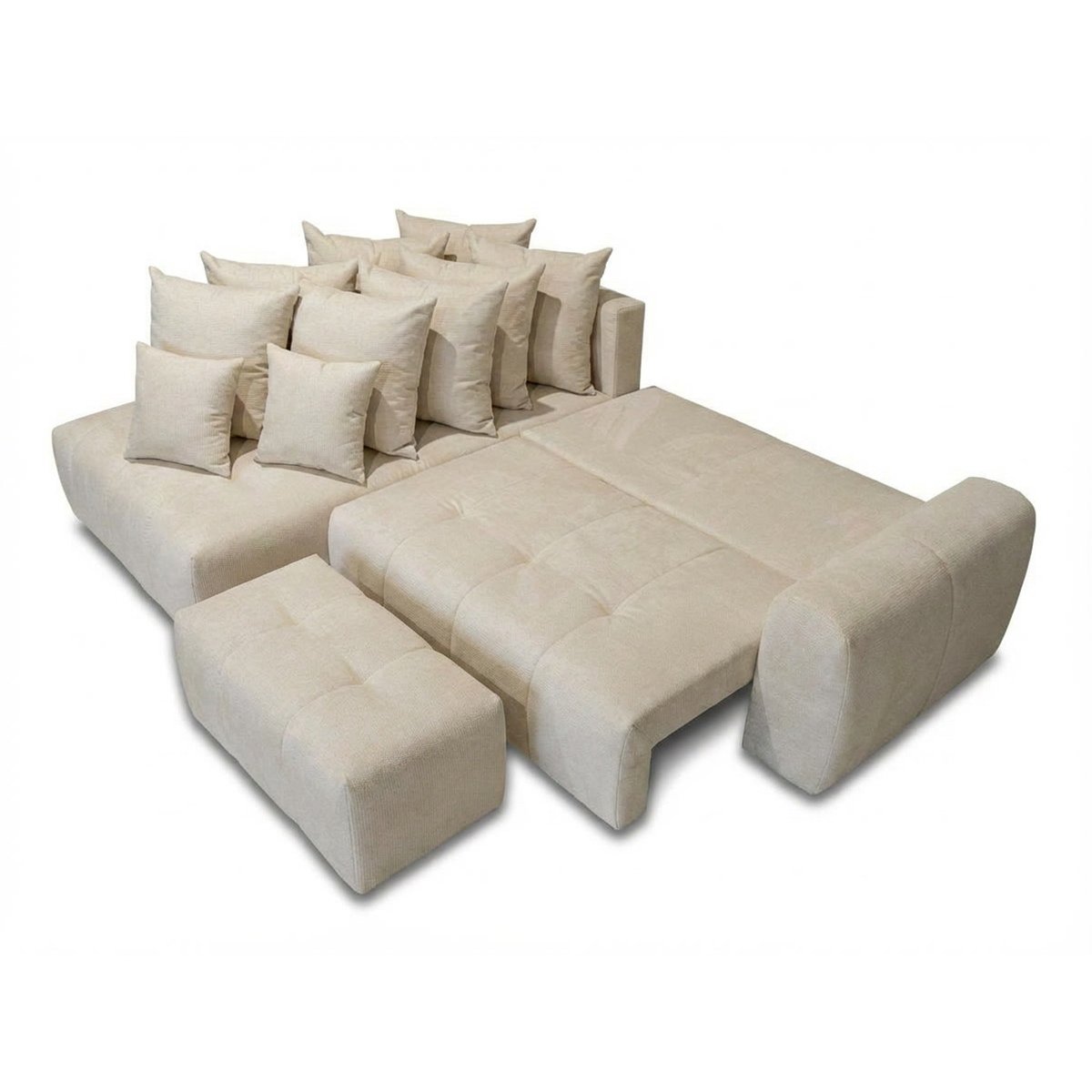 Canapé d'angle convertible 4 places en tissu chiné avec pouf, ROXELANE beige, BOBOCHIC