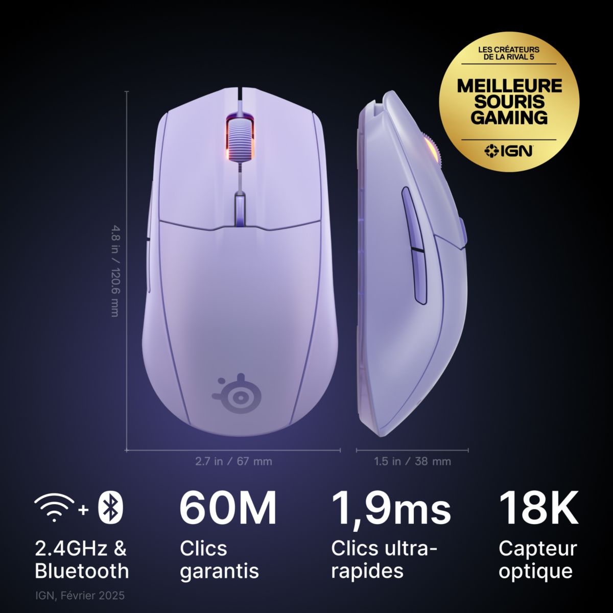 Souris Gamer Sans Fil Rival 3 WL Gen 2 Lavande couleur unique, STEELSERIES