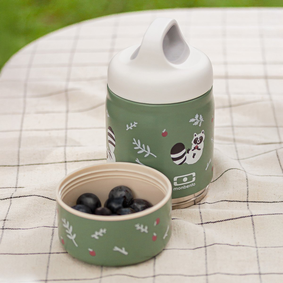 Lunch box enfant 2 compartiments en inox 500ml, Handy vert raccoon, MONBENTO