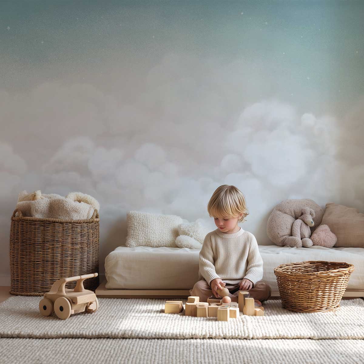 Papier peint nuages doux chambre bébé - Nuages de Ouate bleu, HEXOA