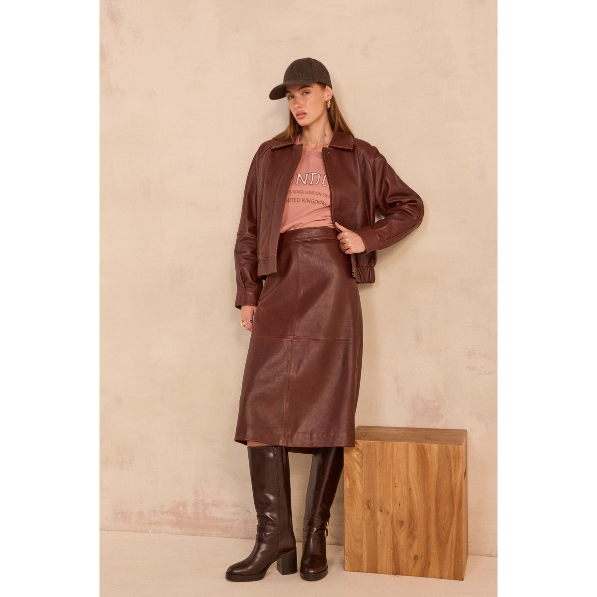 Jupe midi en cuir VIOLETTE bordeaux, Maison 123