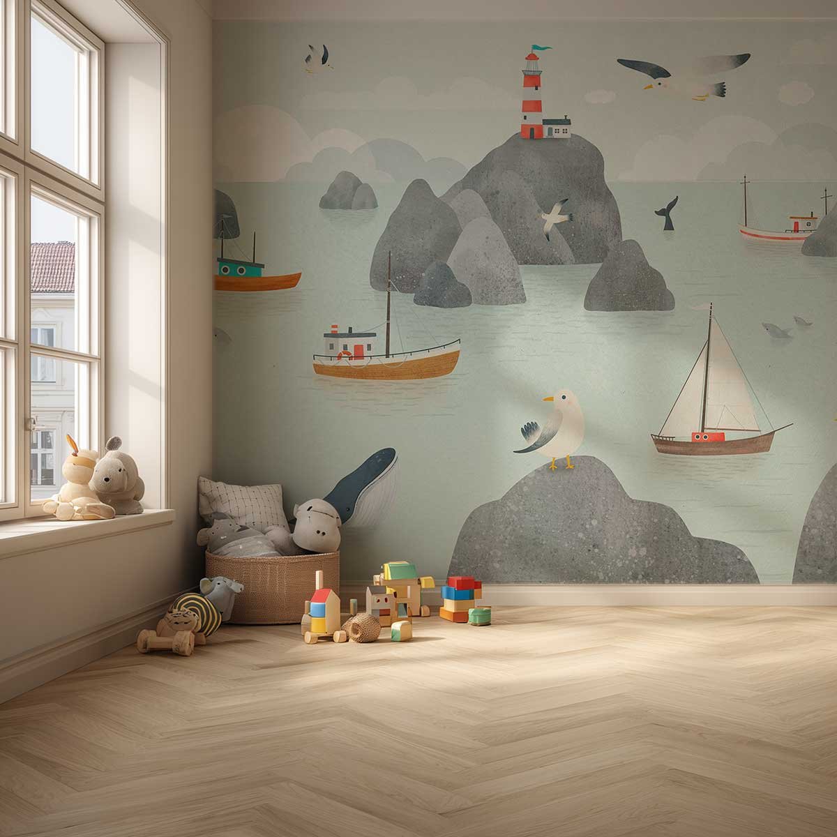 Papier peint baleine chambre enfant bleu, HEXOA