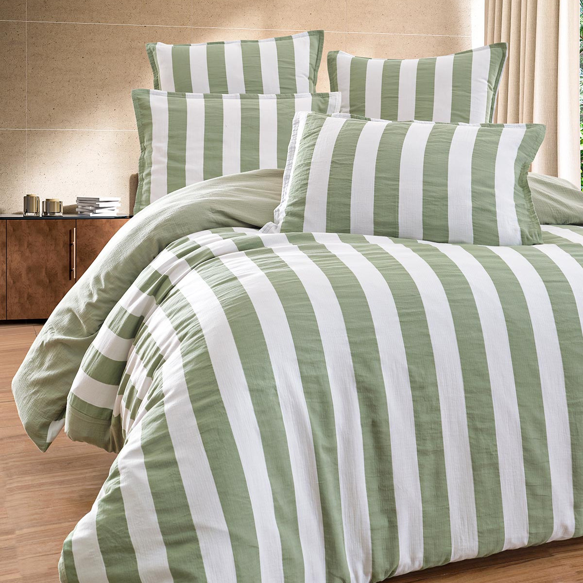 Parure housse de couette gaze de coton + 2 taies 65x65 cm ARTHUR LOFT sauge, SENSEI MAISON
