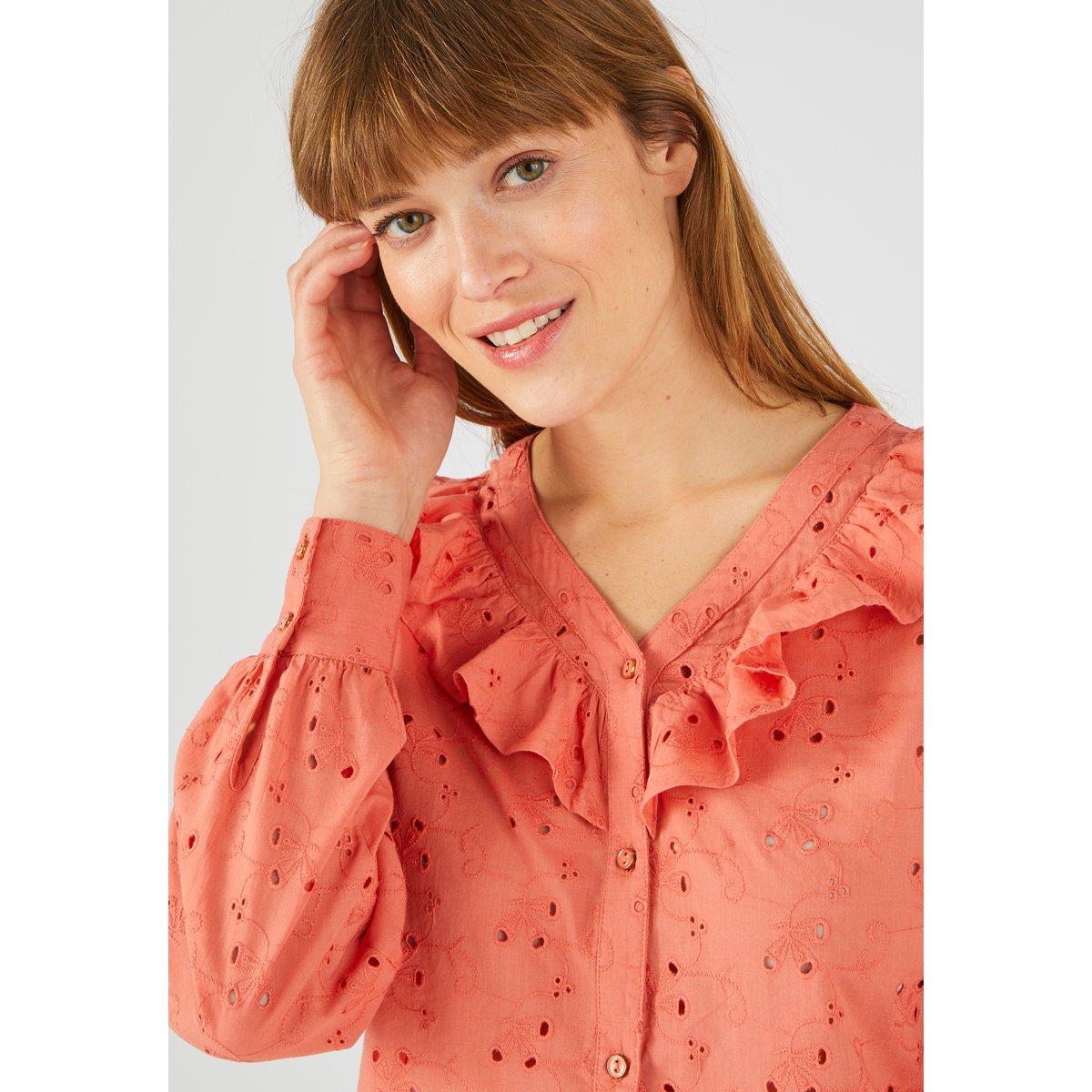Chemisier à volants broderie anglaise orange pêche, DAMART