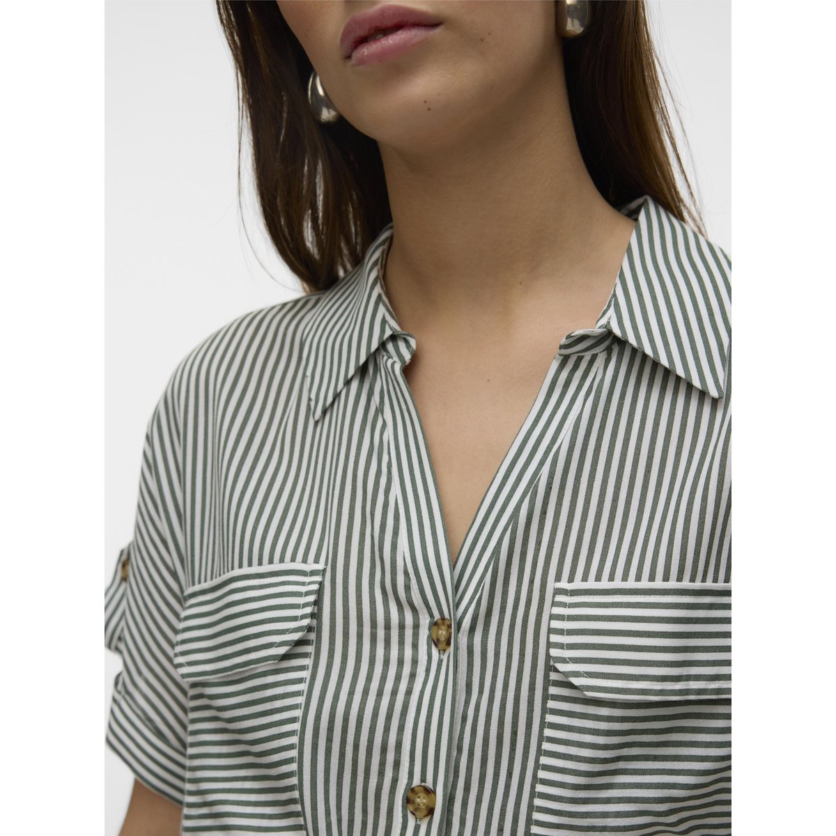 Robe courte manches courtes col chemise avec ceinture vert/blanc, VERO MODA