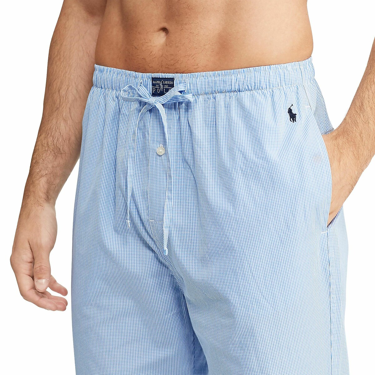 Pijama largo de popelín con estampado vichy azul claro, POLO RALPH LAUREN