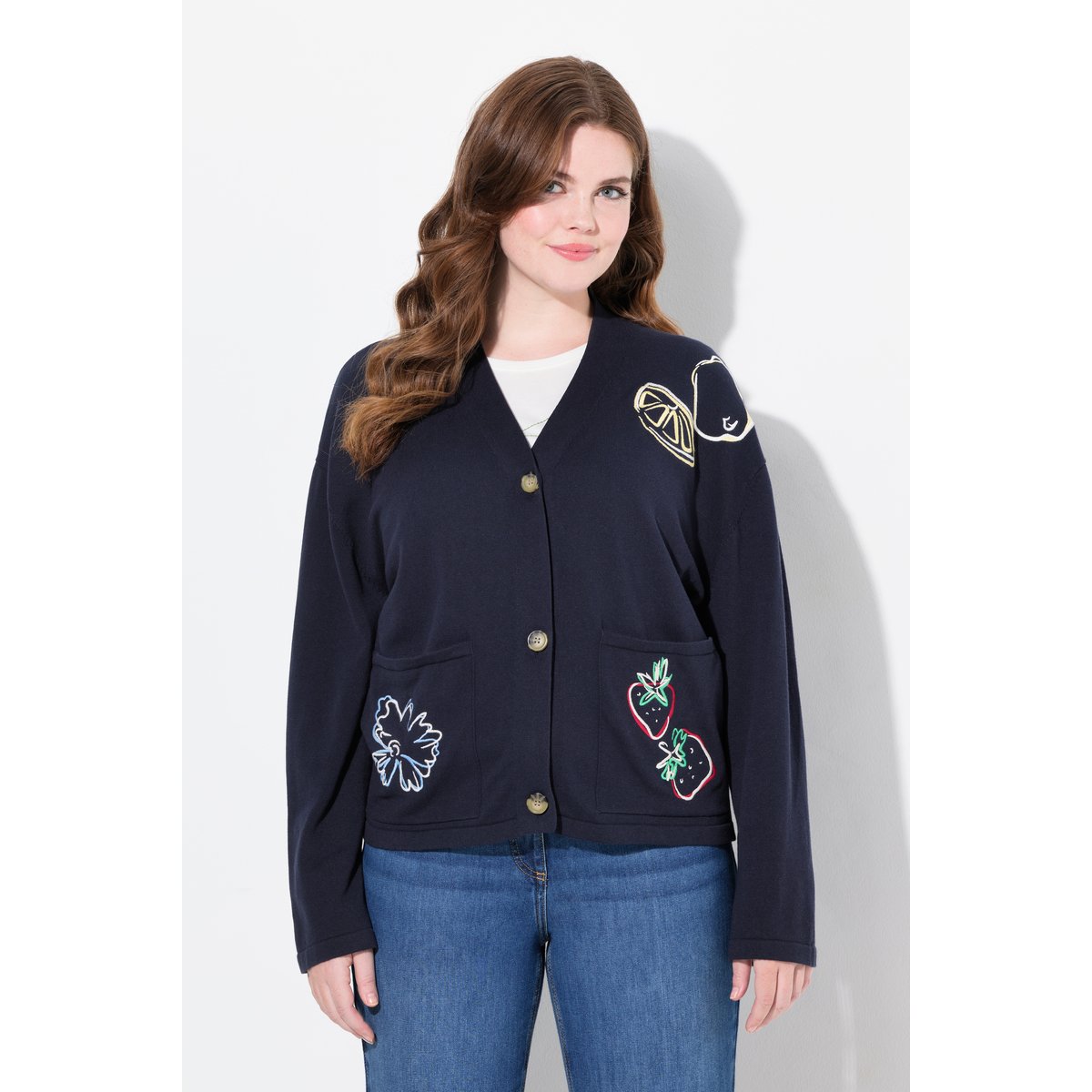 Gilet En Maille, Broderie, Encolure V marine, ULLA POPKEN