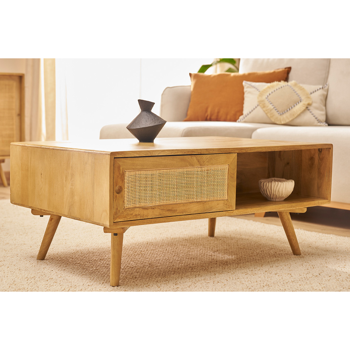 Table basse rectangulaire avec rangements en bois manguier massif et cannage rotin L100 cm ACANGE chêne clair, MILIBOO