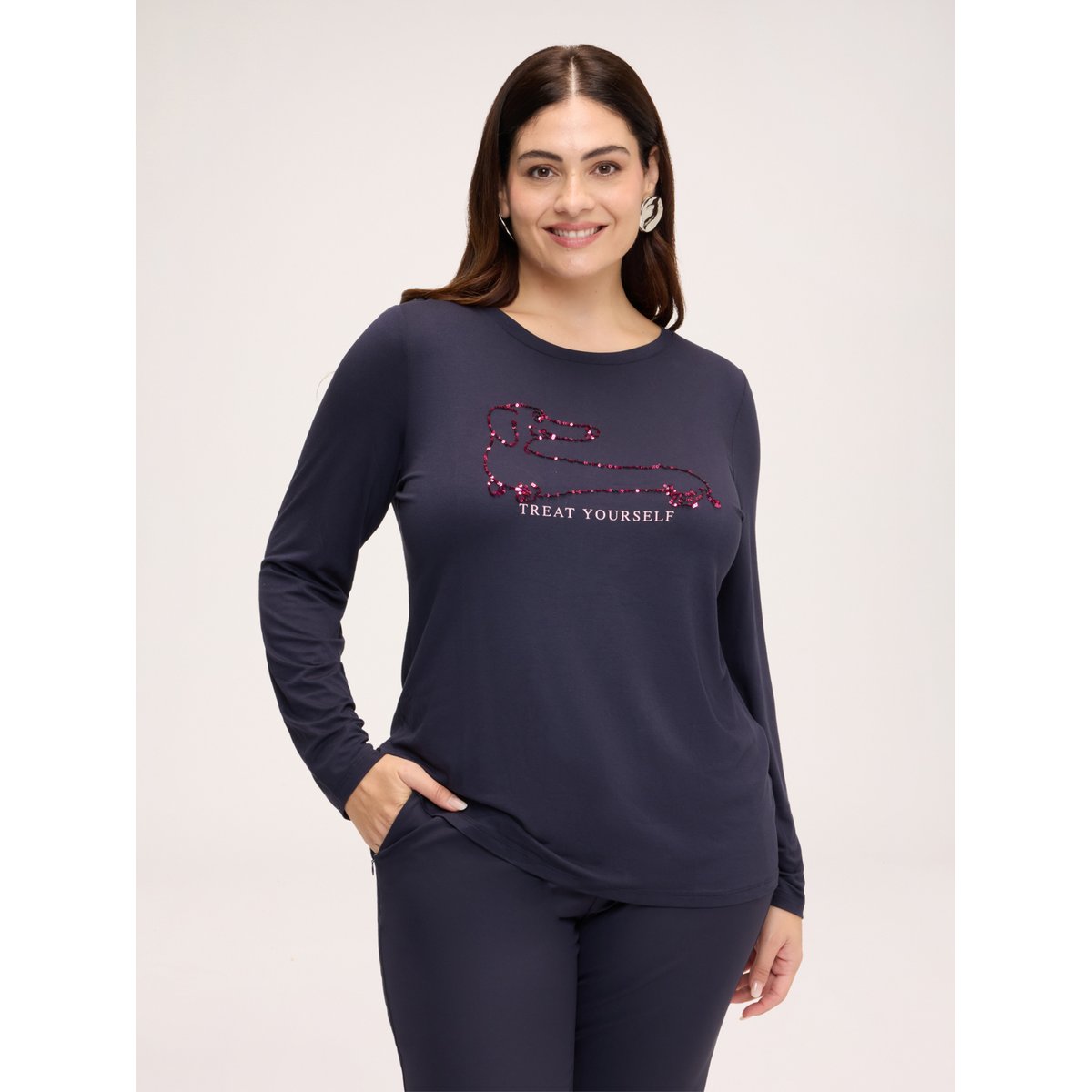 T-shirt avec teckel en paillettes et inscription bleu, FIORELLA RUBINO