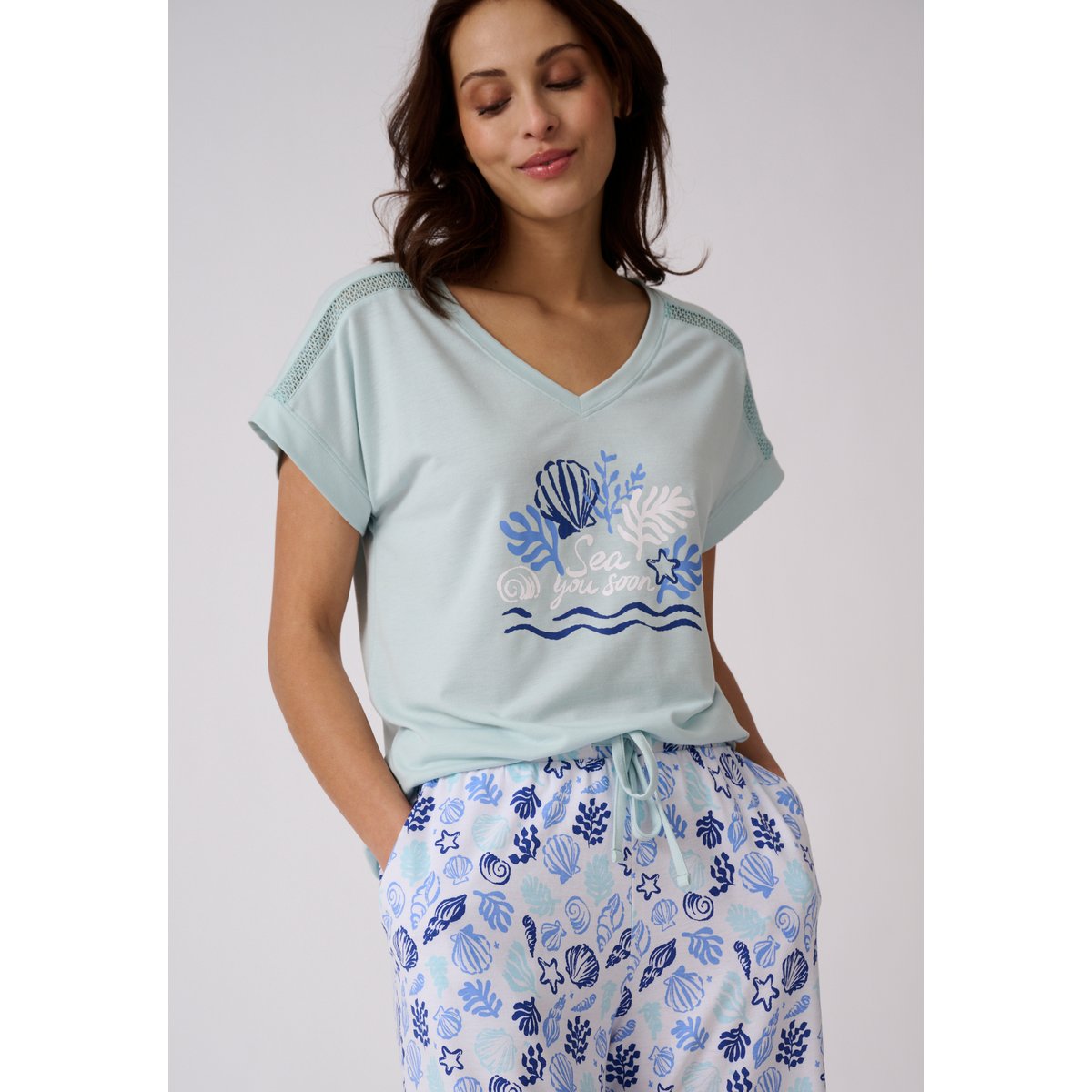 Pyjama 7/8ème Climatyl en maille jersey blanc bleu clair imp., DAMART