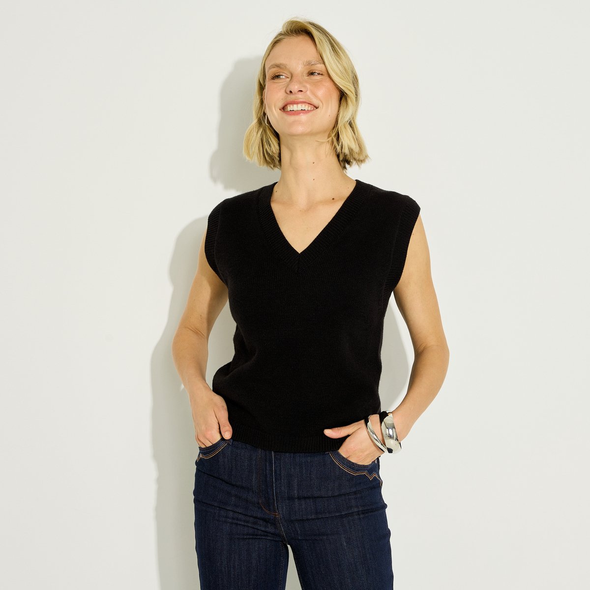 Pull sans manches col V noir, GRAIN DE MALICE