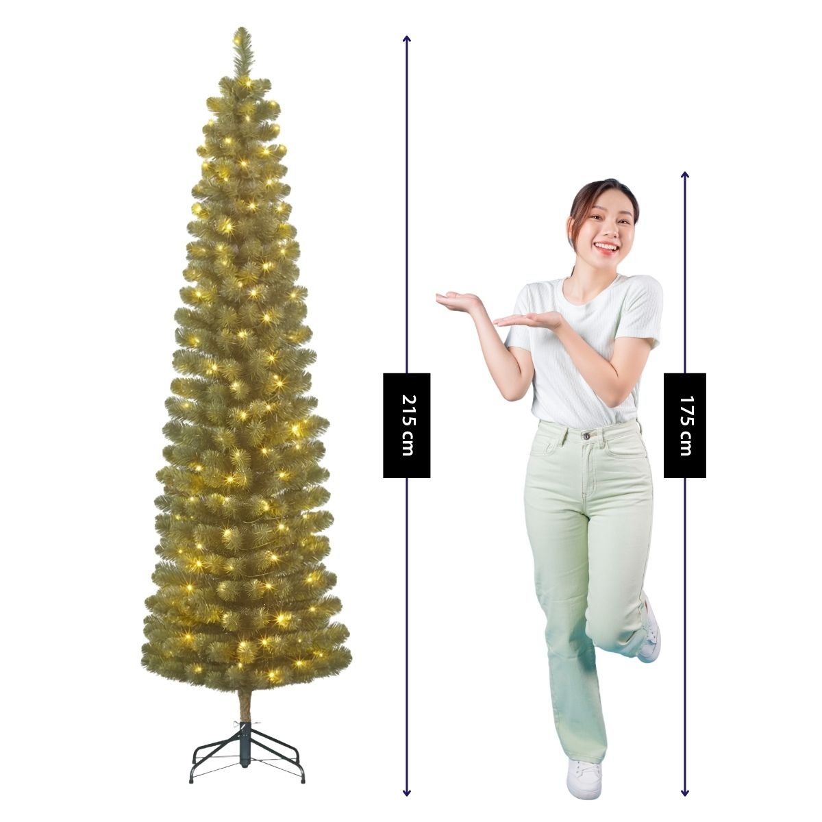 Sapin de Noël artificiel étroit avec LED H215 cm CHARLTON vert, BLACK BOX TREES