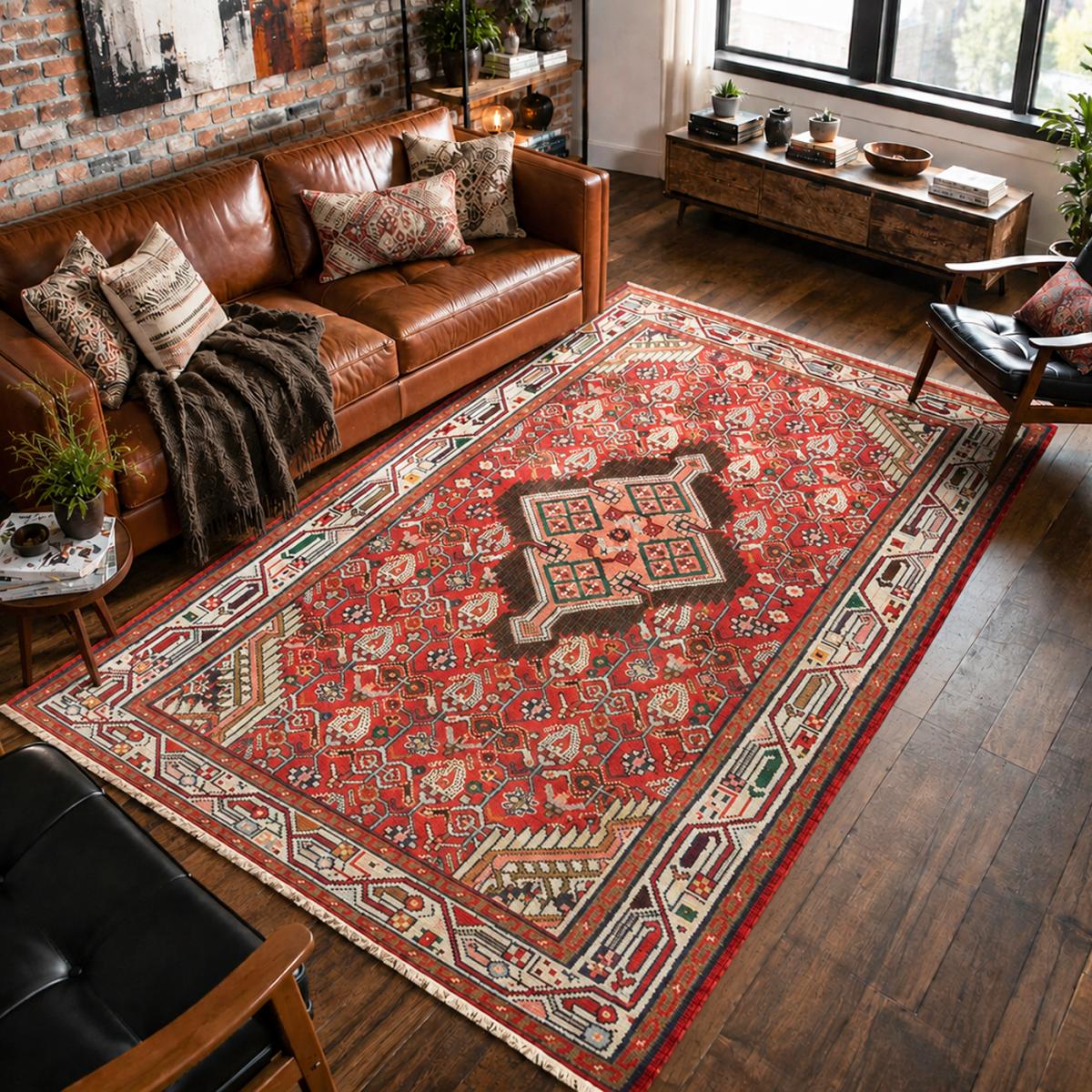 Tapis d'orient aux motifs orientaux, noué main, HAMADAN 19 rouge, crème, marron, UN AMOUR DE TAPIS
