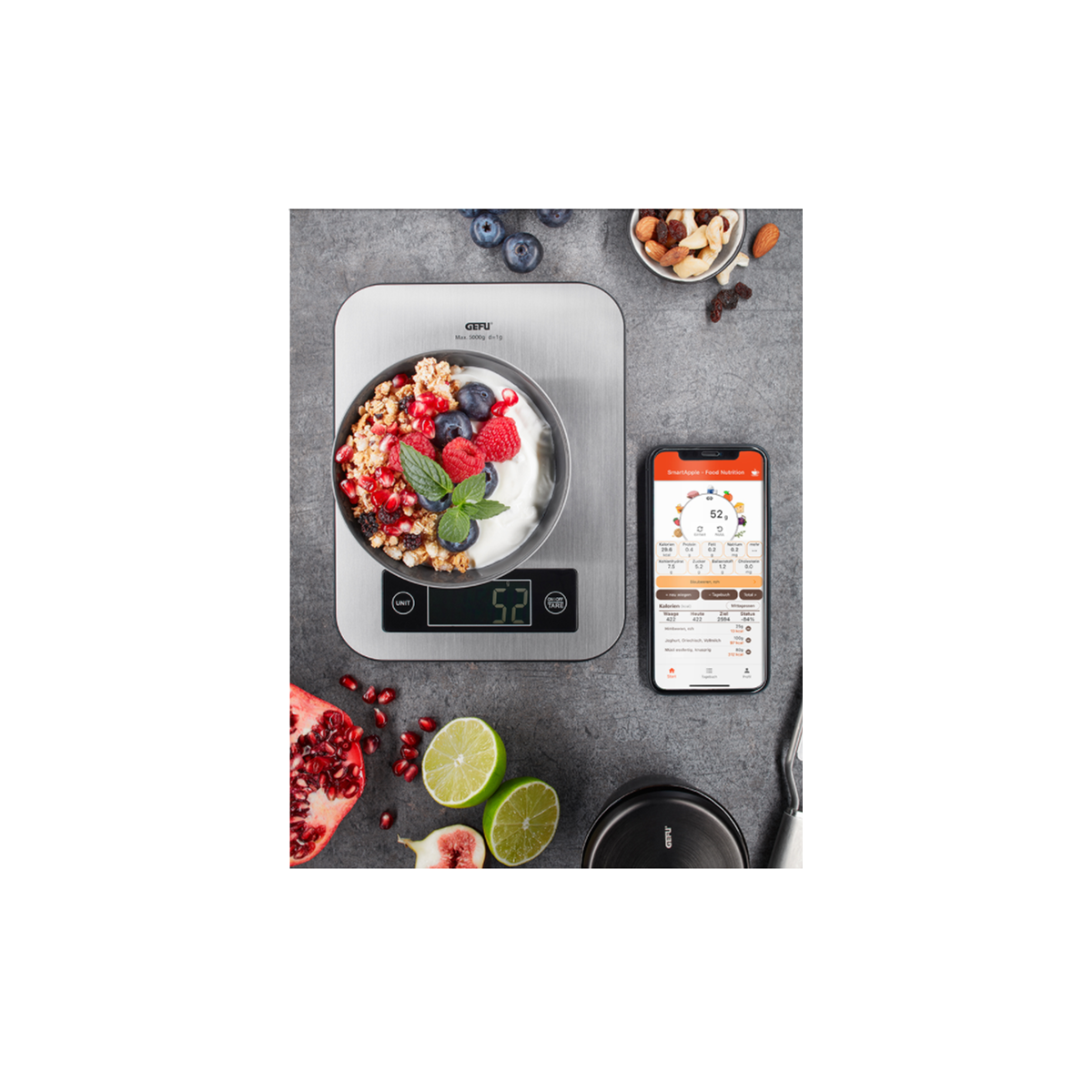 Balance de cuisine connectée avec application d'analyse nutritive argent, GEFU