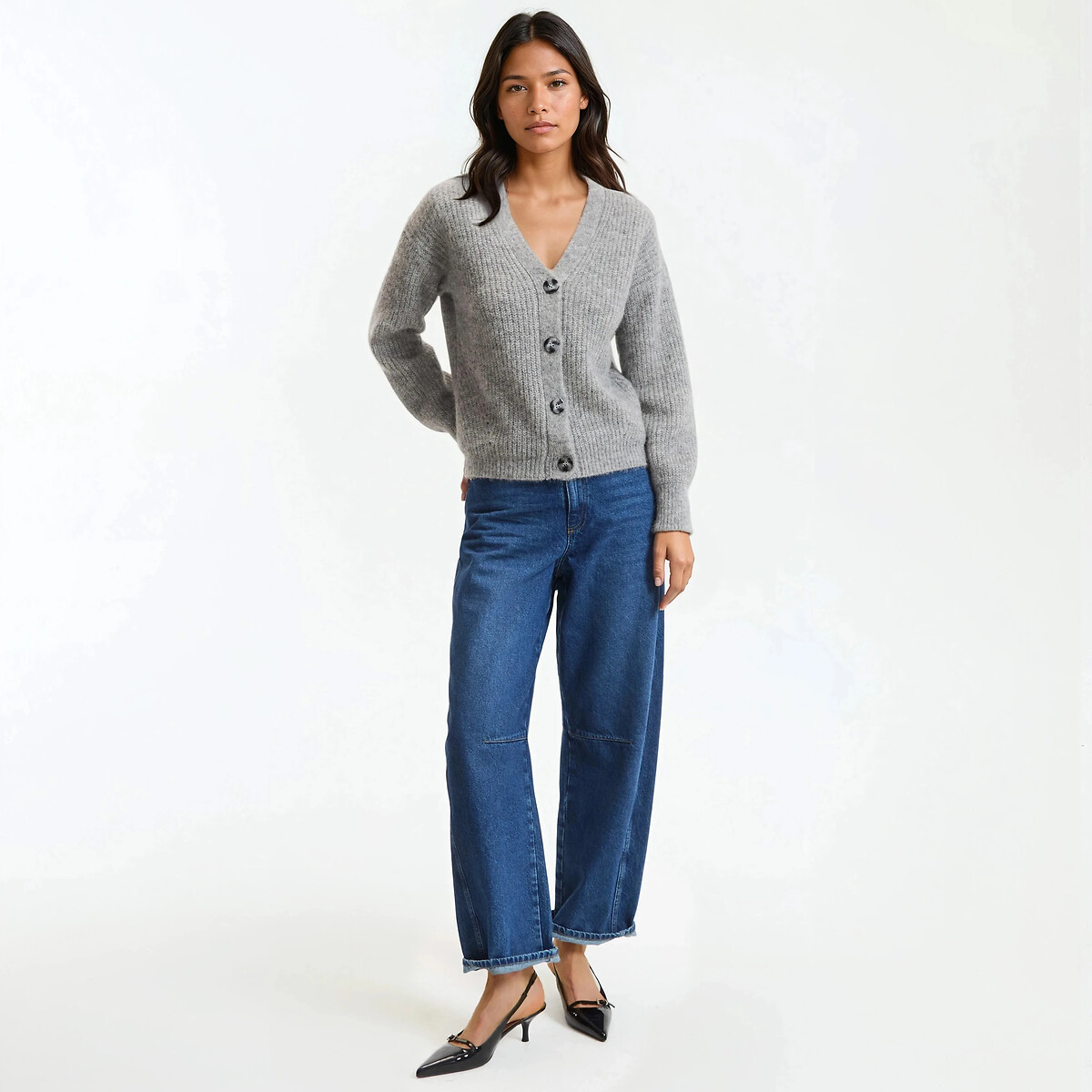 Cardigan com decote em V, mistura de alpaca, Signature GILDAS cinzento mesclado, LA REDOUTE COLLECTIONS