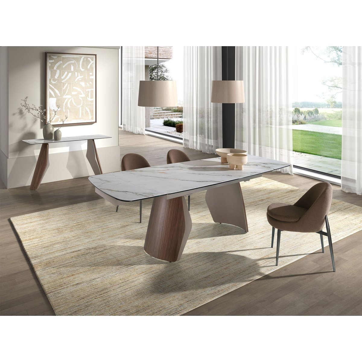 Console rectangulaire en marbre porcelainé, acier et bois blanc | sable | noyer, ANGEL CERDA