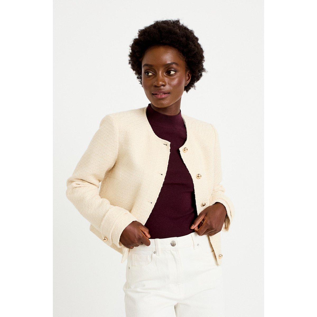 Veste tweed cintrée col mao ecru, CACHE CACHE