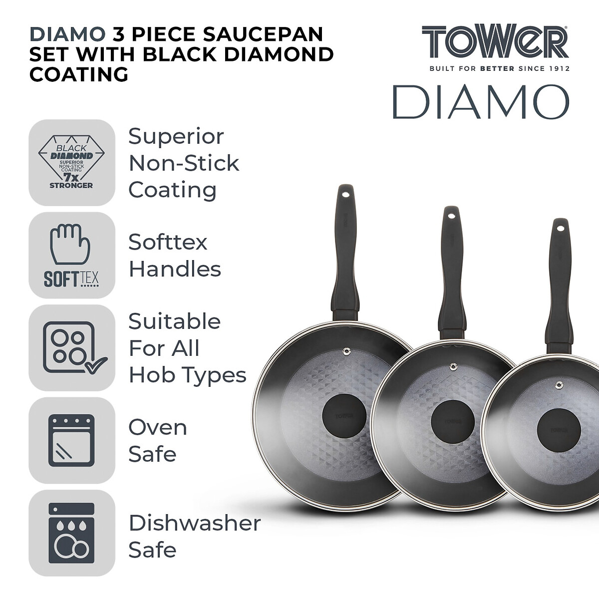 3-Piece Diamo 18/20/22cm Saucepan Set with Black Diamond coating black, TOWER