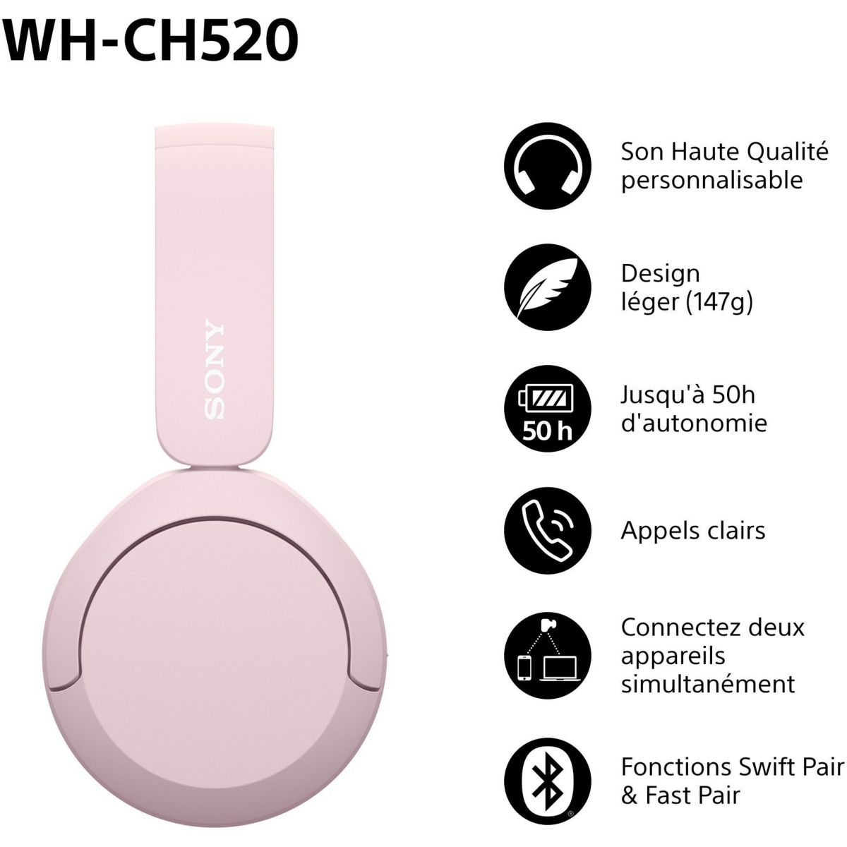 Casque WH-CH520 Rose rose, SONY