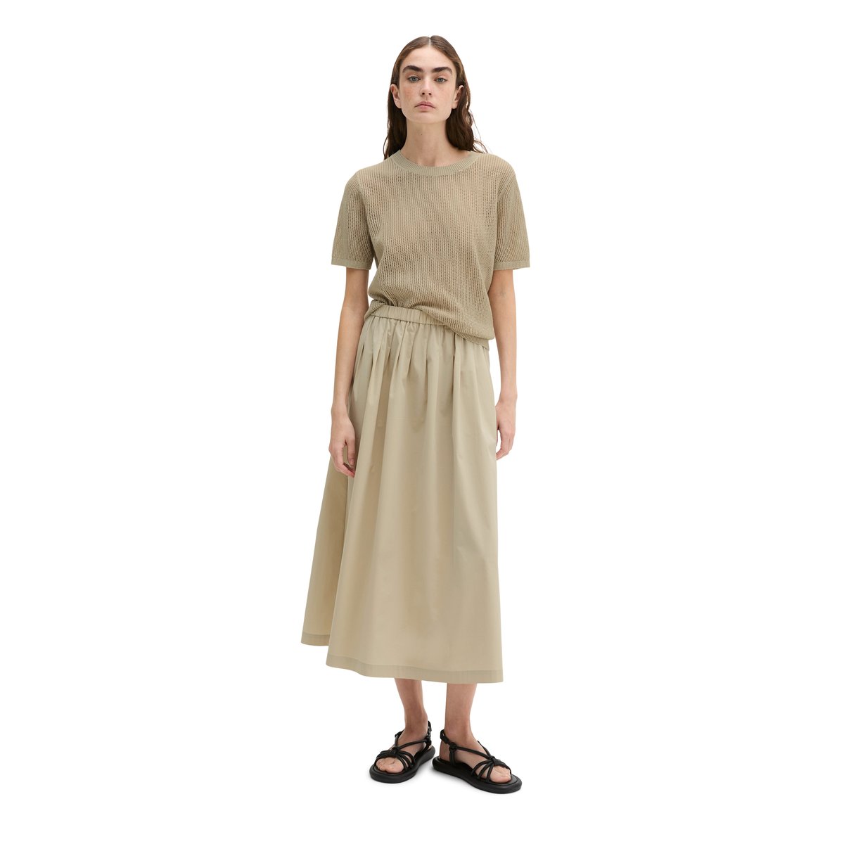 Jupe évasée en popeline stretch beige, MARC O'POLO