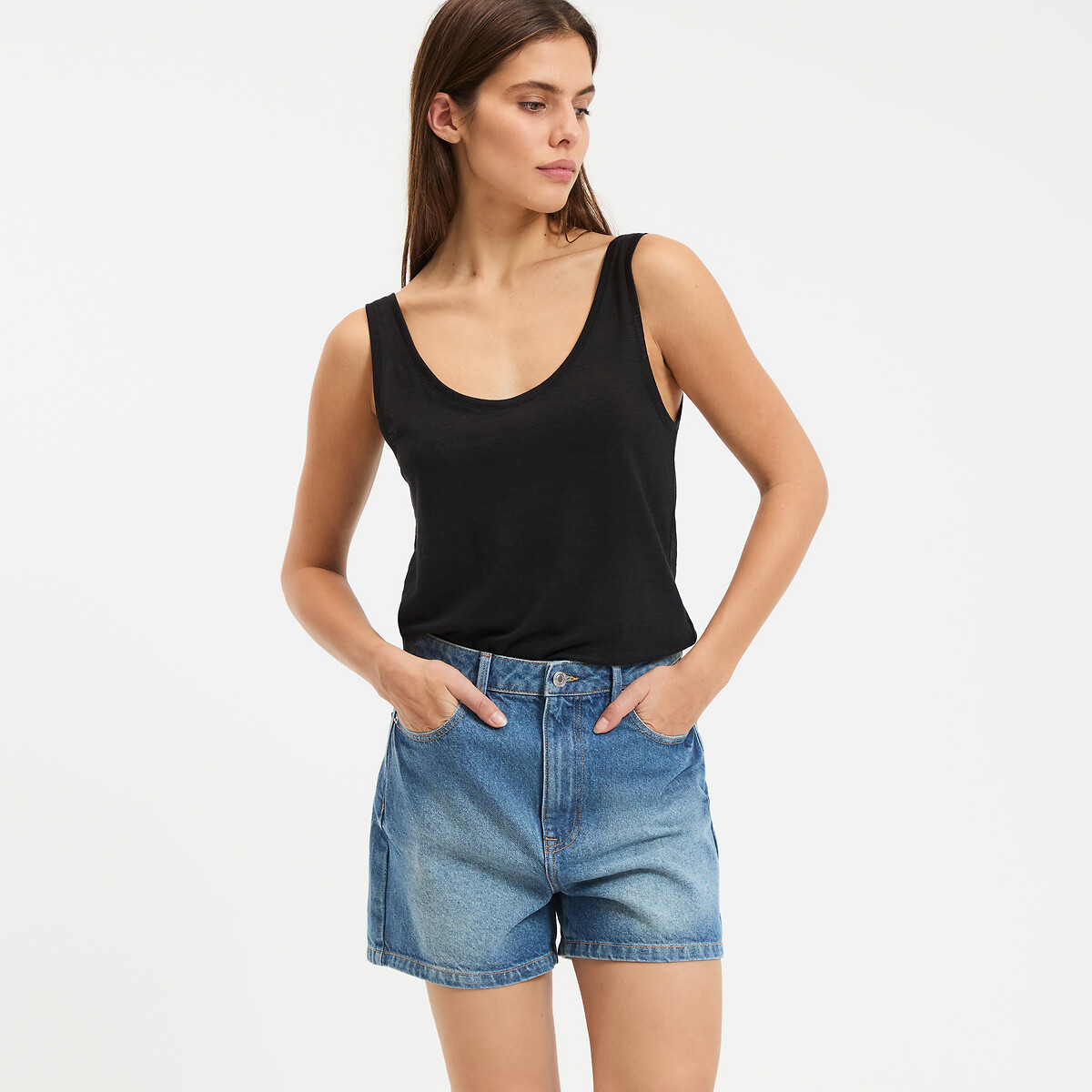 Canotta ampia in lino, scollo rotondo nero , LA REDOUTE COLLECTIONS