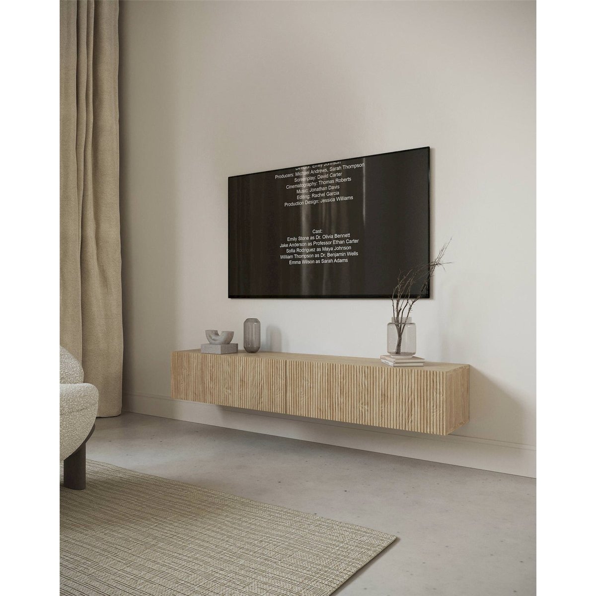 Meuble tv suspendu rainuré collection NOLIE chêne, RECOLLECTION