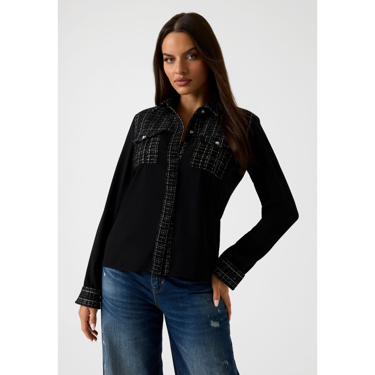 Chemise Tweed Bouclé noir, GUESS