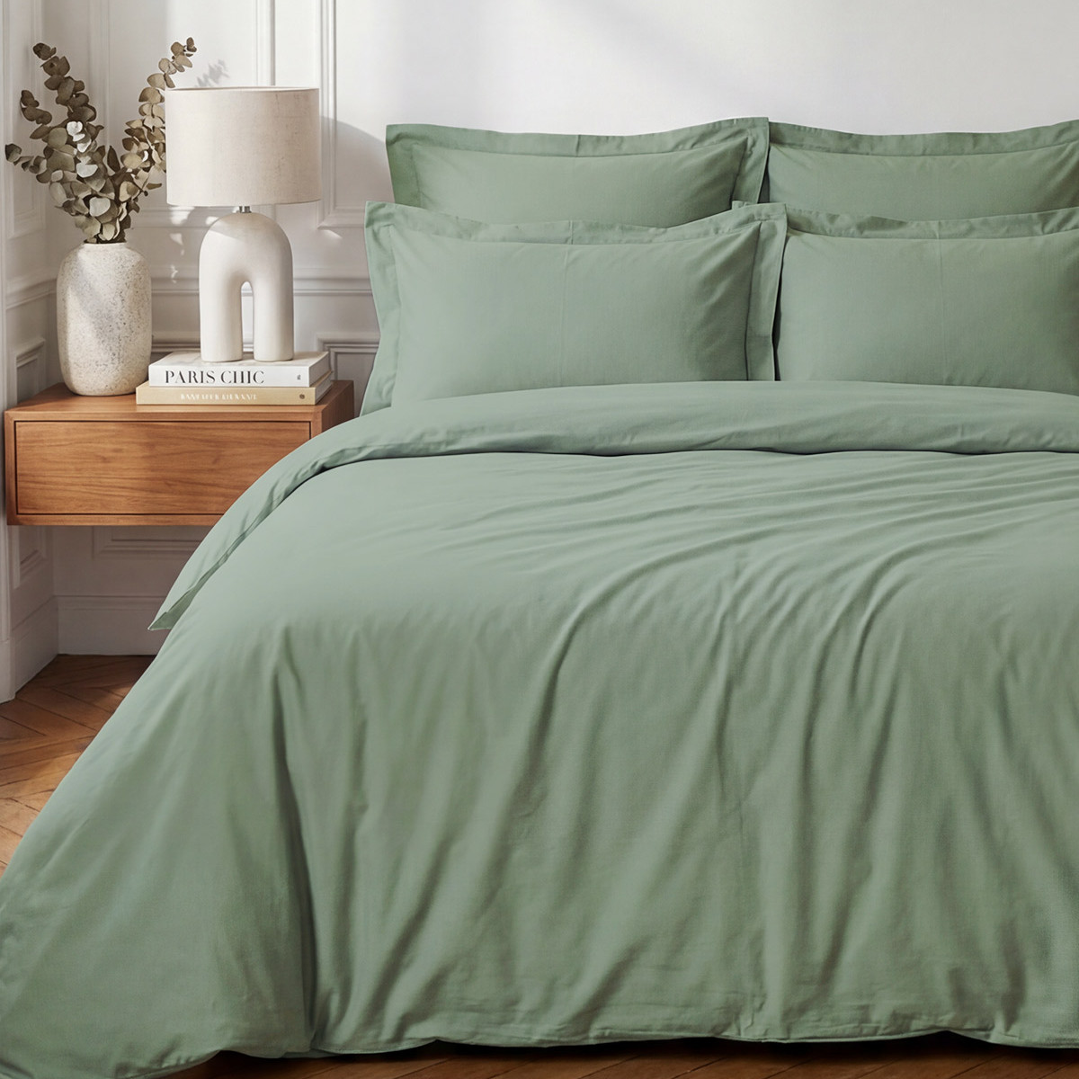 Drap housse en percale de coton bonnet 30 cm SOFT PERCALE sauge, SENSEI MAISON