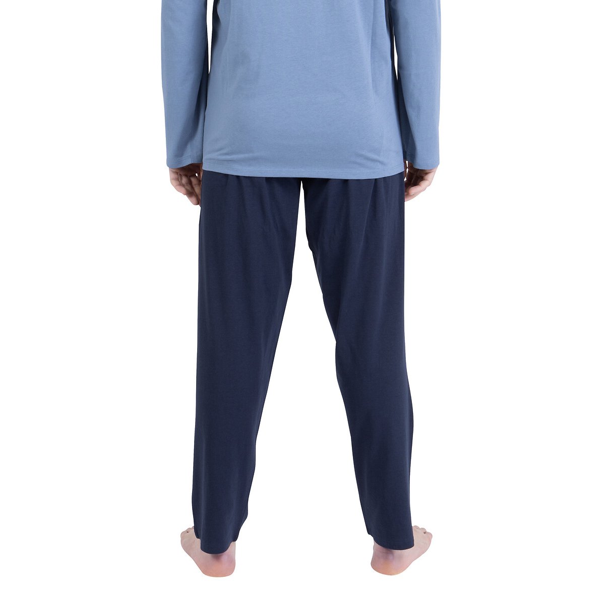 Pigiama lungo in cotone, con collo aperto blu/marine, ATHENA