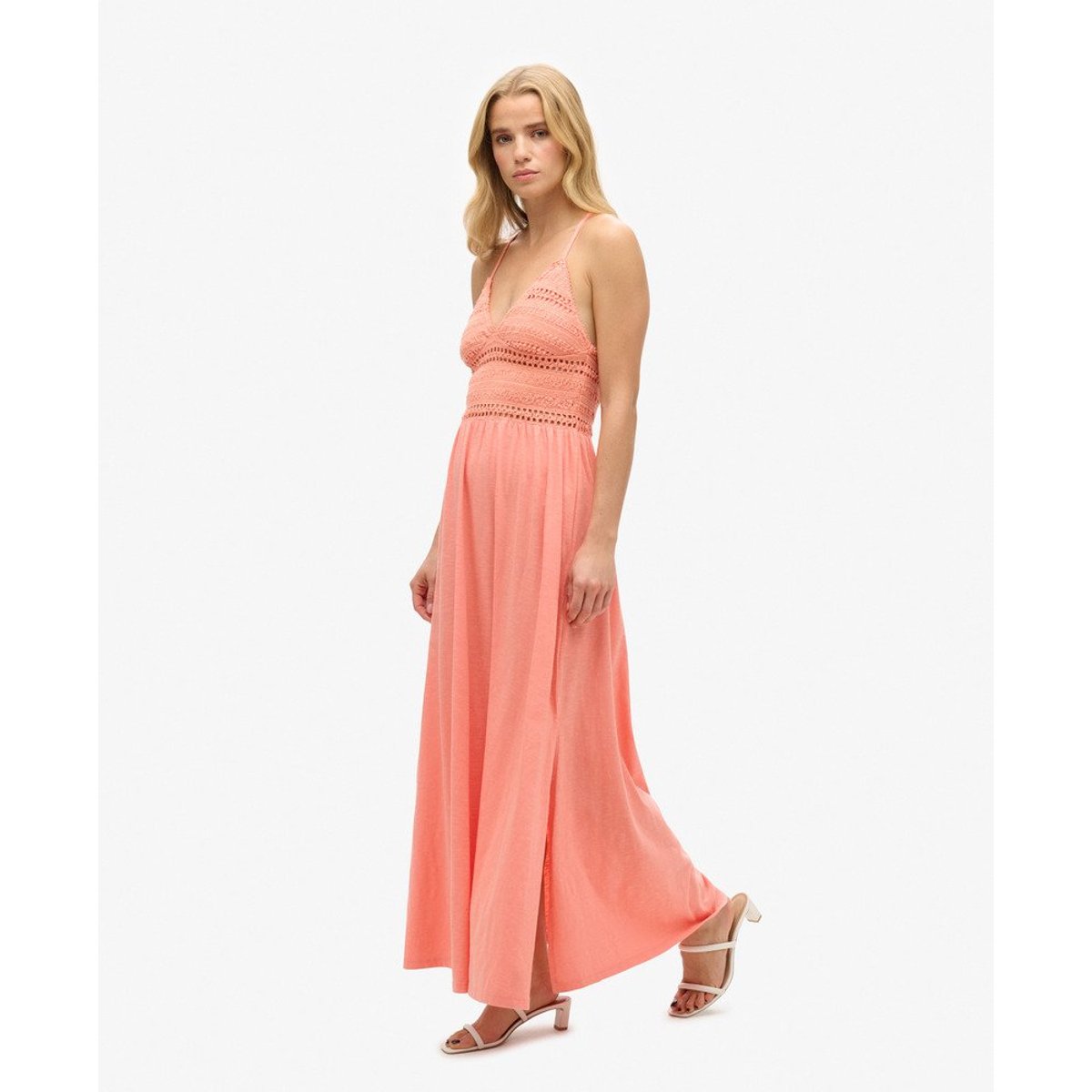 Robe longue en jersey et dentelle corail fusion, SUPERDRY