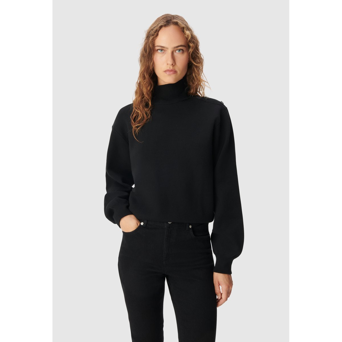 Pull tricot boutons strass épaules noir, IKKS