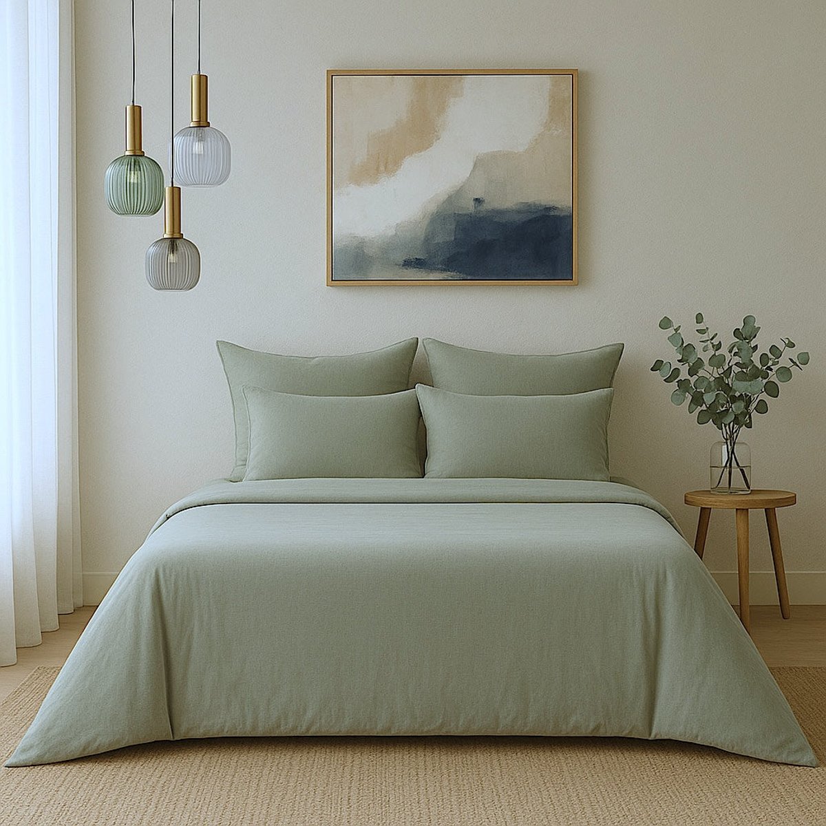 Parure + taies 65x65 satin lavé de coton bio GAIA Made in Europe vert céladon, FEBRONIE