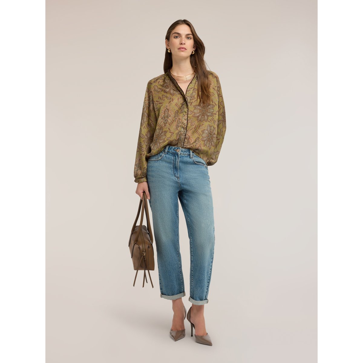 Blouse avec imprimé et manches ballon verde militare, MOTIVI