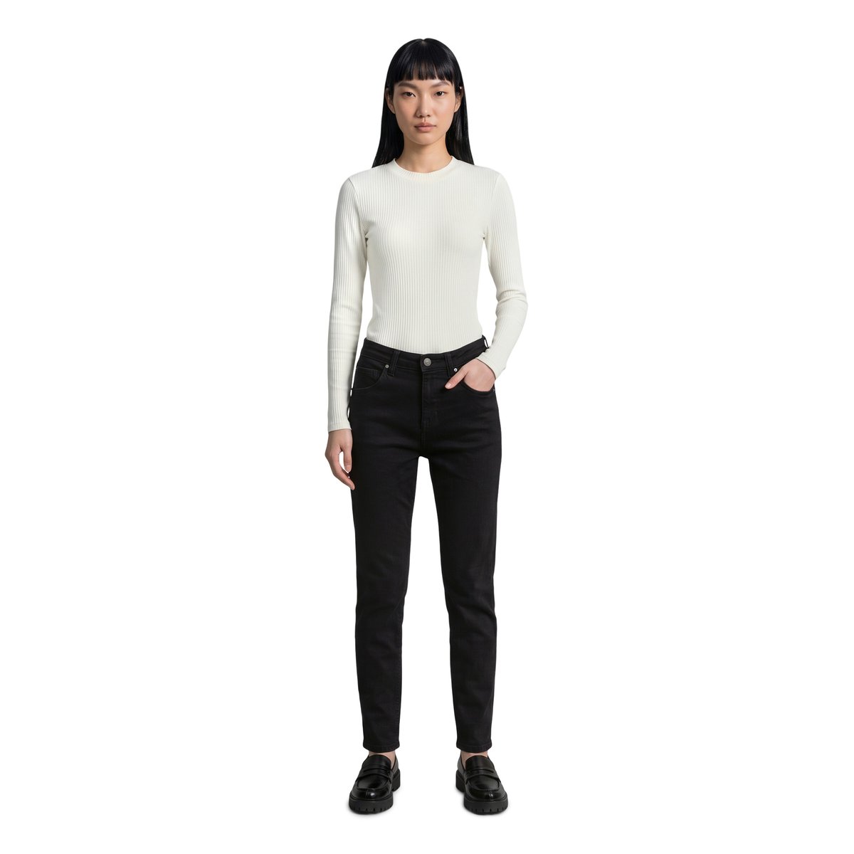 T-shirt long slim en jersey côtelé blanc, MARC O’POLO DENIM