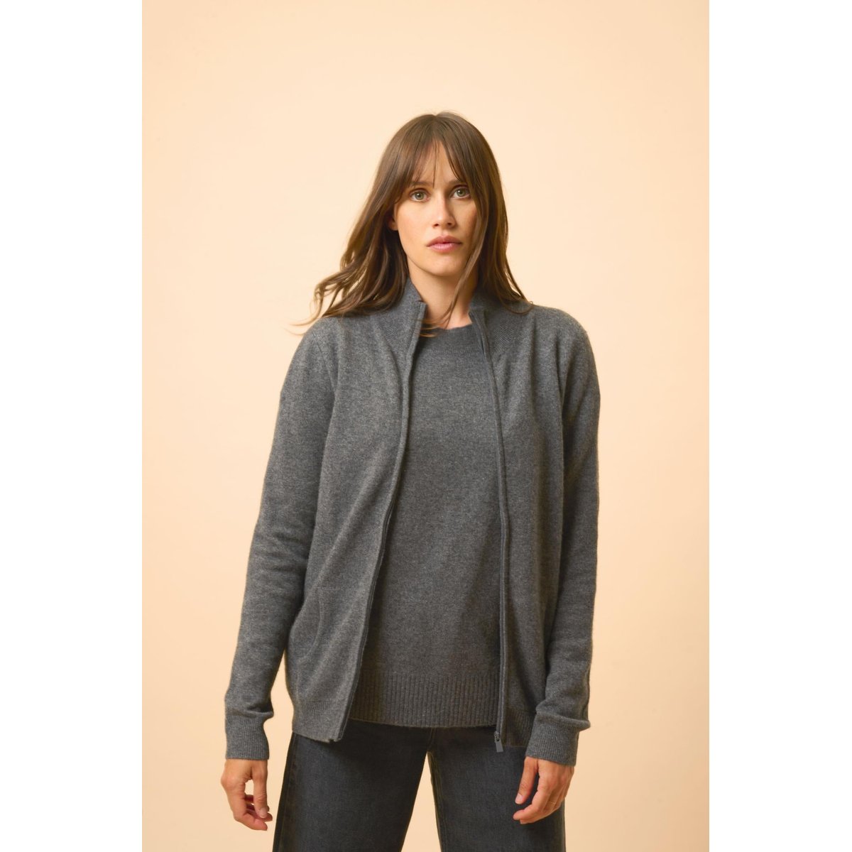 Gilet Zippé Col Montant Anthracite Chiné Ayr gris anthracite chiné, JUST CASHMERE