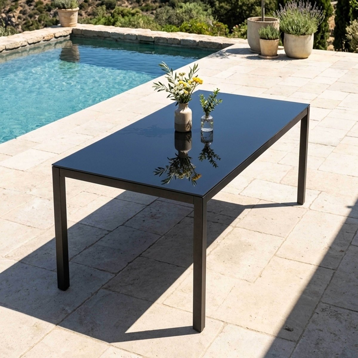 Table de jardin en alu plateau verre 8 places, AJACCIO gris anthracite, OVIALA