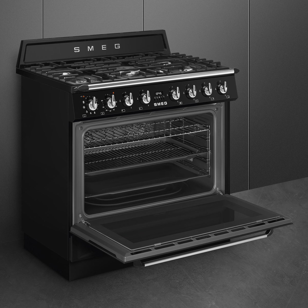 Piano de cuisson gaz 90cm pyrolyse TR90 noir brillant, SMEG