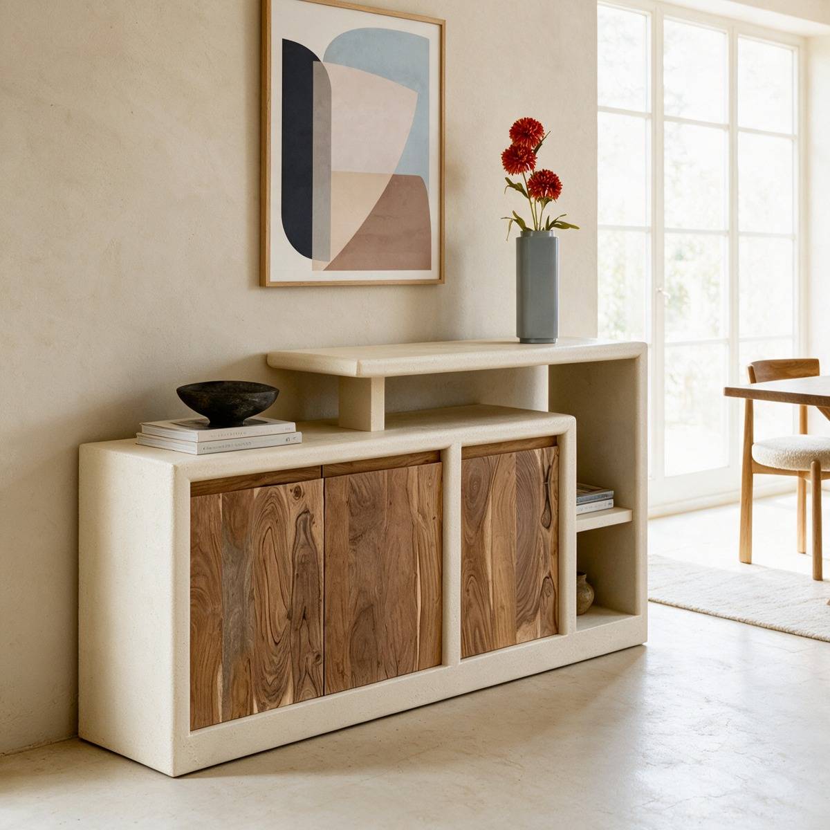 Buffet 3 portes en bois effet béton et acacia DALVA blanc, MADE IN MEUBLES