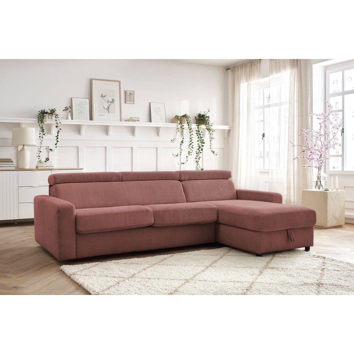 Canapé d'angle convertible 4 places en velours côtelé couchage 140x190 cm, MONACO rose, BOBOCHIC