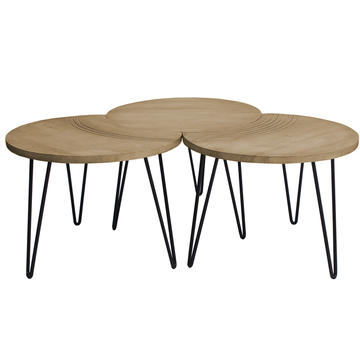 Tables basses gigognes gravées bois manguier massif et métal noir (lot de 3) VIBES naturel, MILIBOO