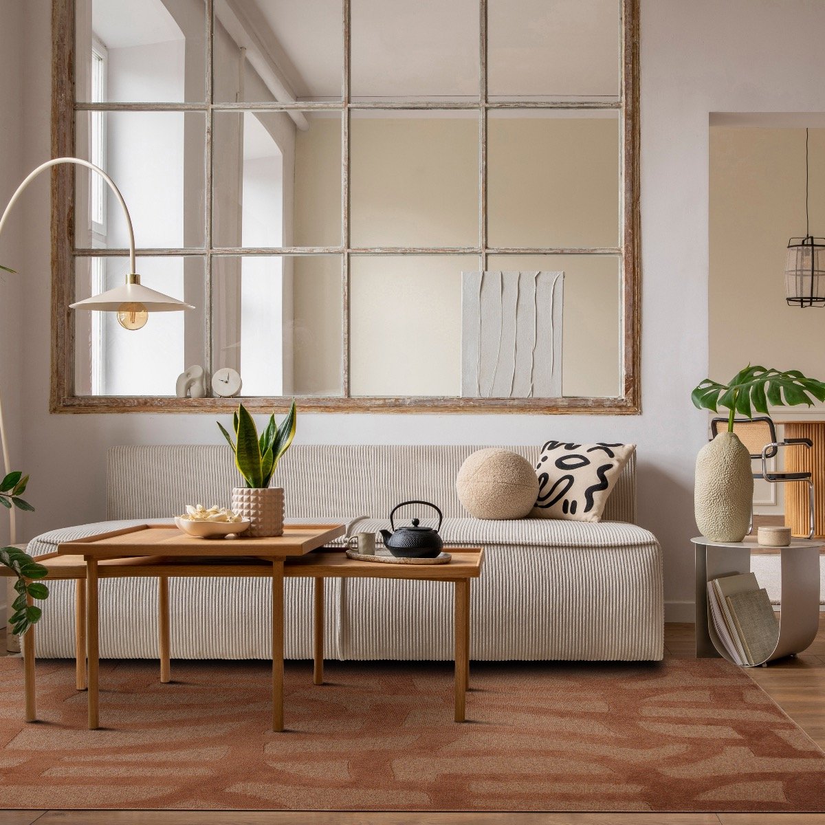 Tapis salon graphique motifs en relief ECOSSA ecru, THE DECO FACTORY