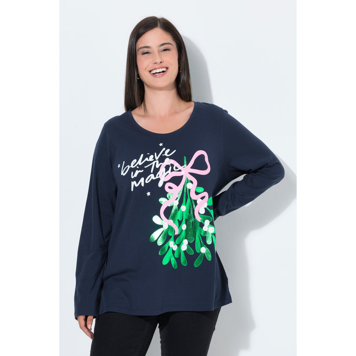 T-shirt de Noël, motif branche de gui marine, ULLA POPKEN
