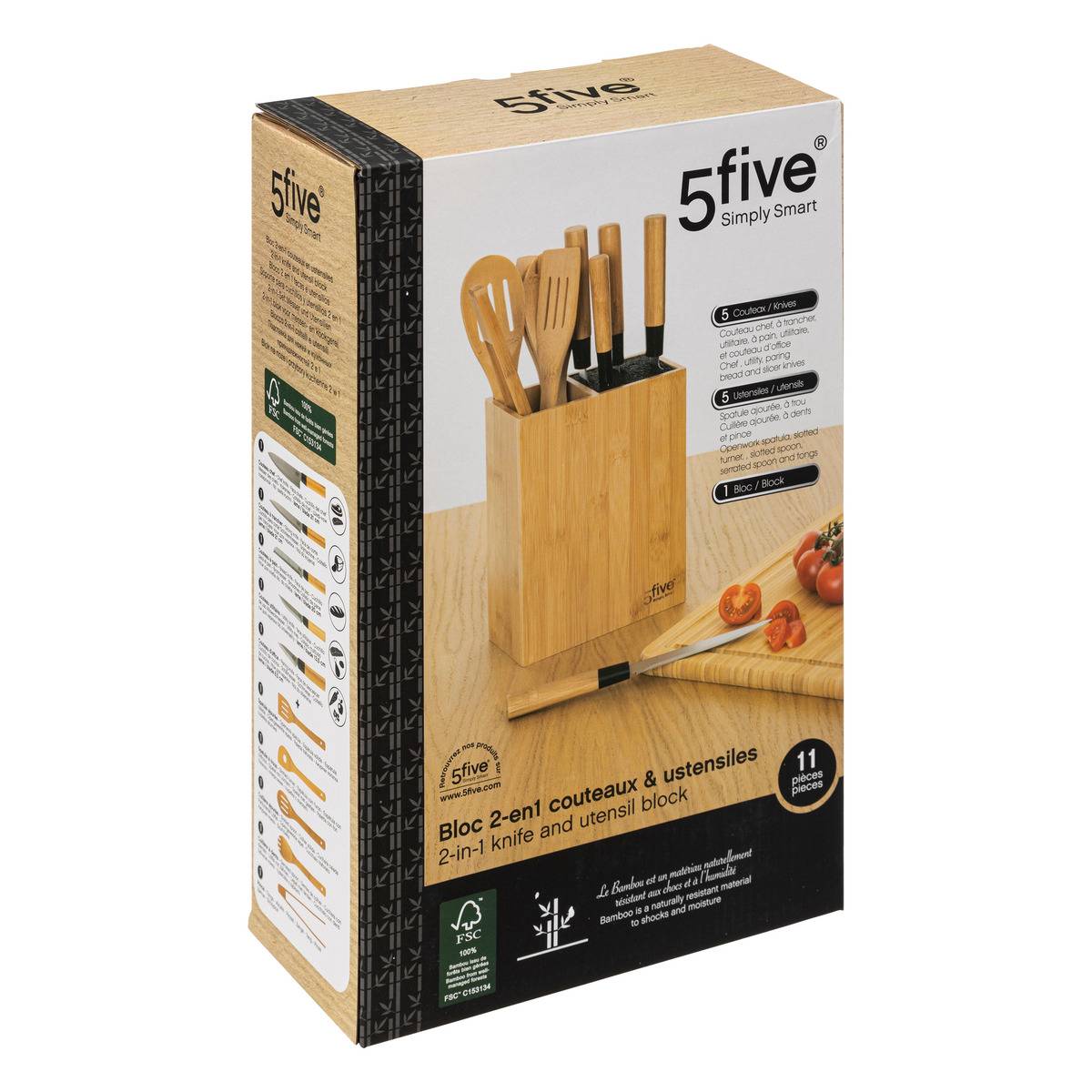 Bloc 5 couteaux & 5 ustensiles manche BLACK BAMBOO beige, 5FIVE SIMPLY SMART